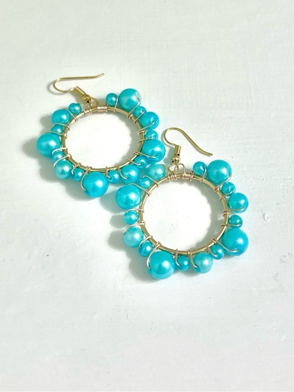 Pearly Aqua Blue Beaded Hoop Earrings - Gold Wire